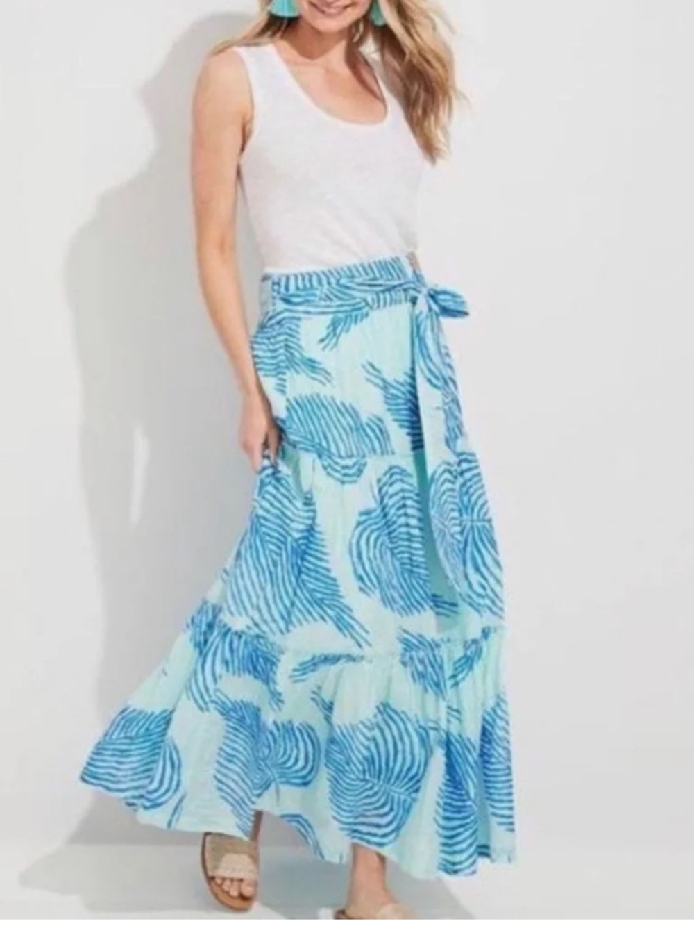 New Vineyard Vines Palm Frond Light Blue Floral Tie-Waist Maxi Skirt Size 10